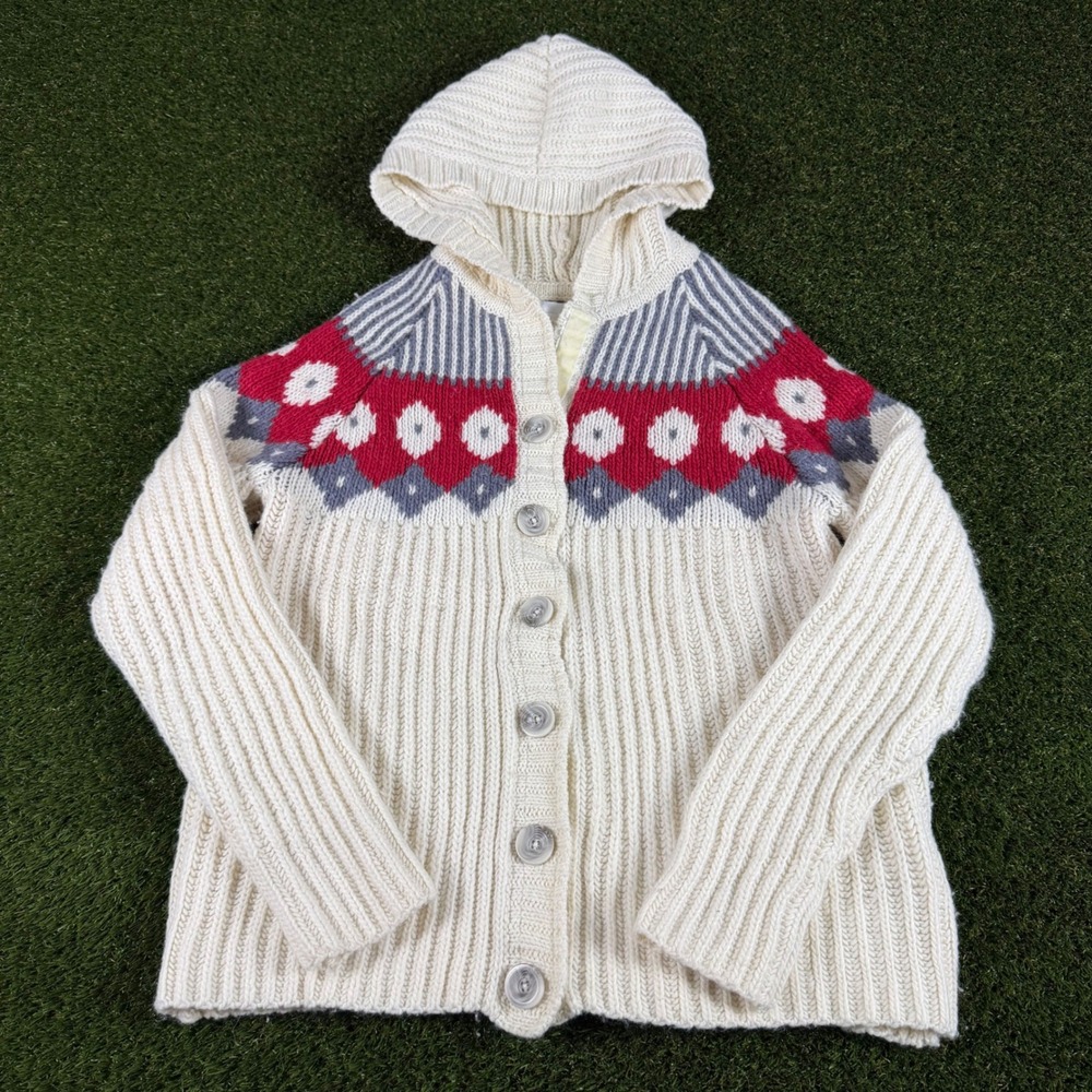 Vintage Old Navy Fair Isle Hooded Cardigan Sweater Womens XL Cream Red Grey Knit